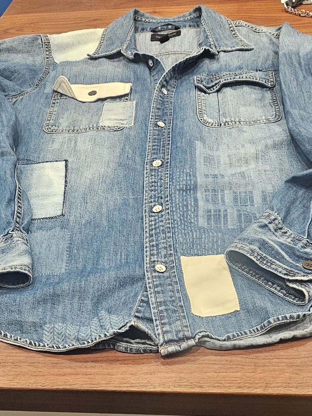 True Religion Blue Patchwork Denim Shirt Slim Fit- Men M